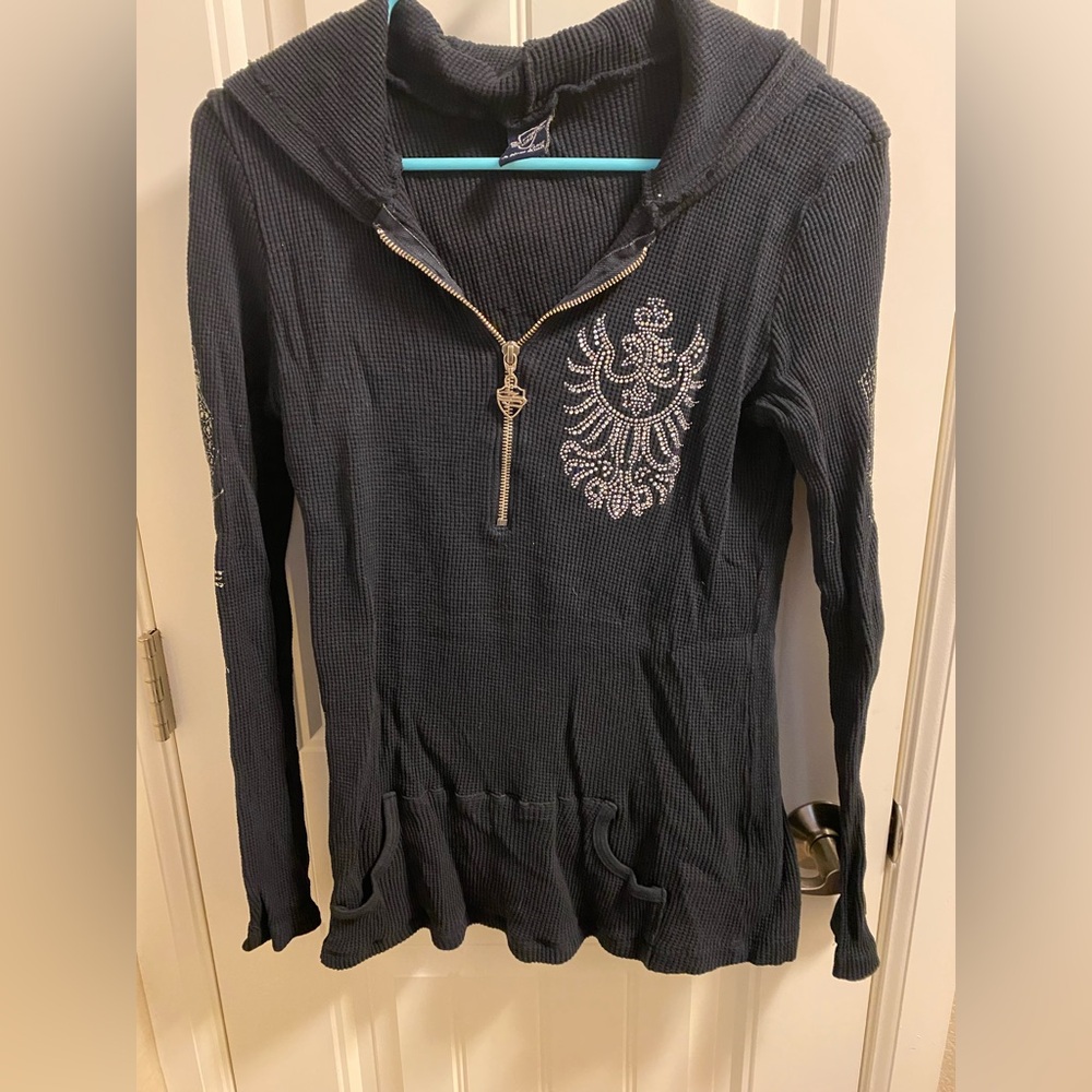 Sledge USA L Top Black Thermal Hoodie Large 1/4 Zip Rhinestone Long Sleeve